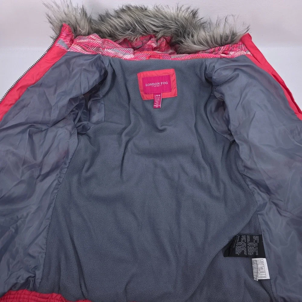 London Fog‎ Lined Puffer Jacket Girl's Large Fur Trim Hood Insulated Preppy Fun